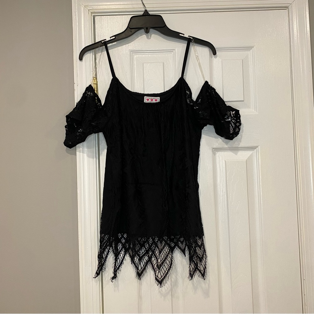Three Pink Hearts Trixxi Black Lace Overlay Cold Shoulder Shirt Small Top